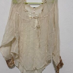 Free People Beige Blouse with Gold Sequin Cuffs